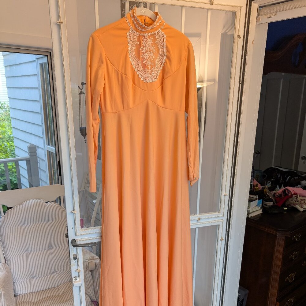 Vintage Victorian style long orange dress with lace chest & neck
